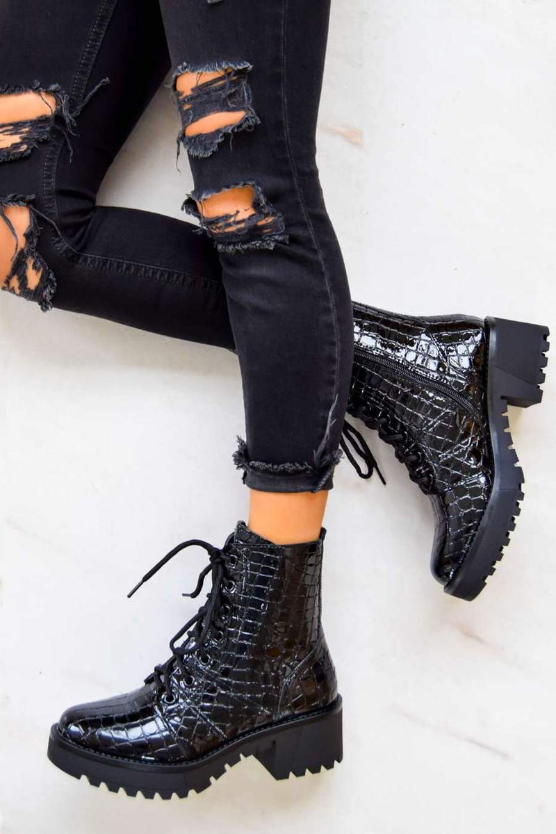 black croc lace up boots