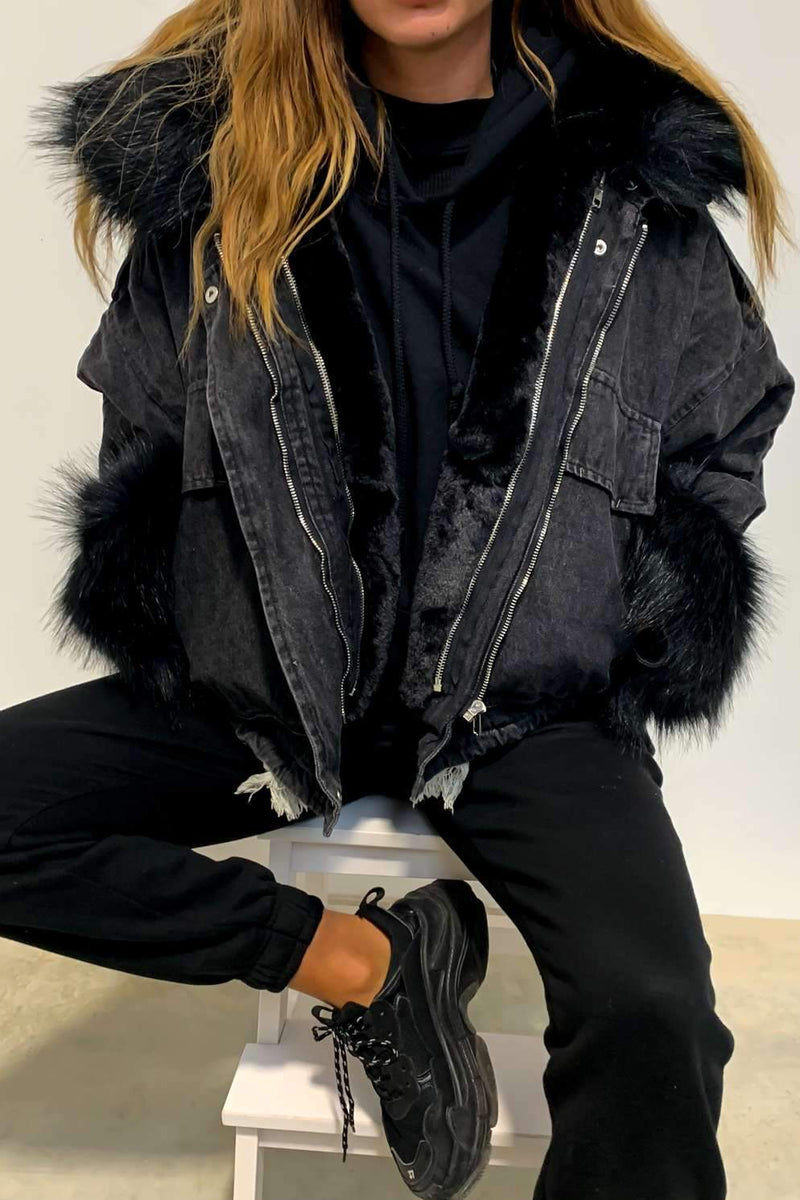 black faux fur denim jacket