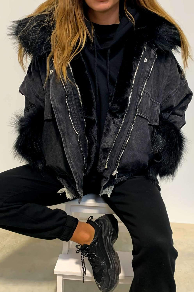 black denim jacket with fur collar