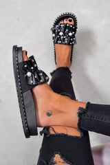 black ruffle sliders