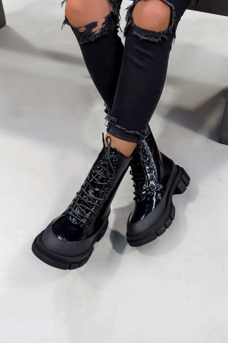 black patent chunky sole lace up ankle boot
