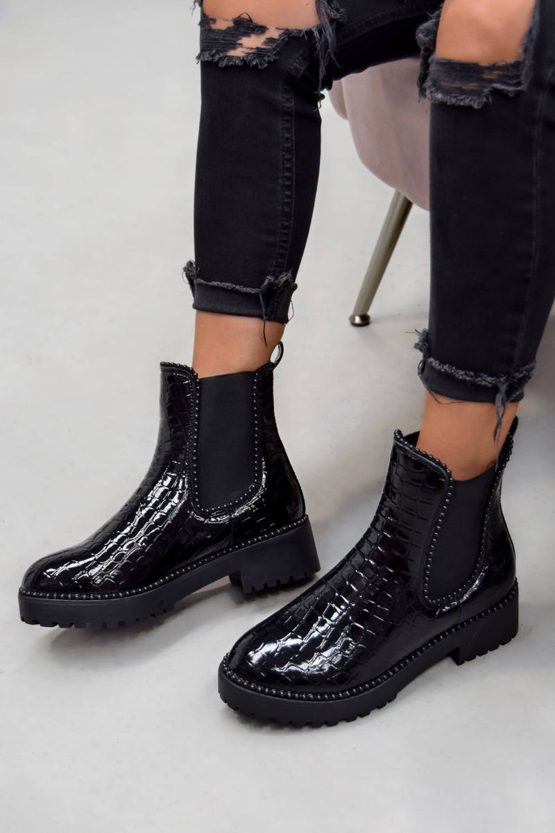 black croc studded ankle boots