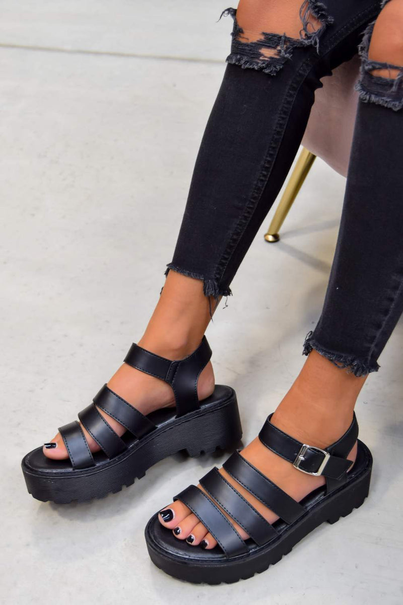 STEP OUT Chunky Platform Gladiator Sandals - Black PU – AJ VOYAGE