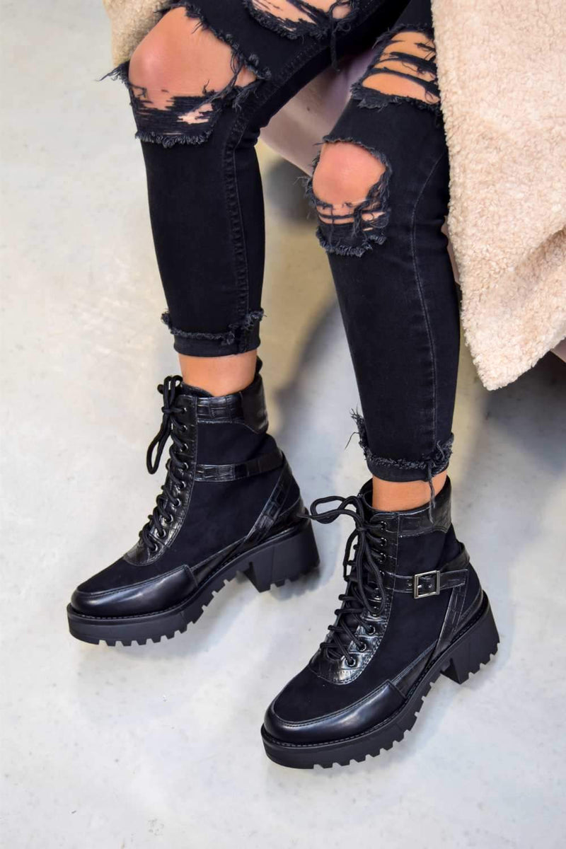 Lace Up Cleated Sole Buckle Ankle Boots 