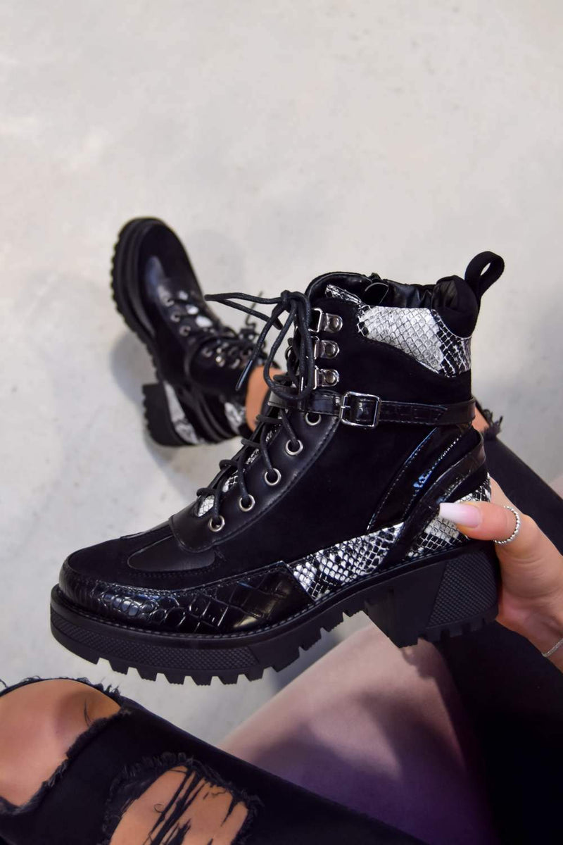 black lace up cleated ankle boot