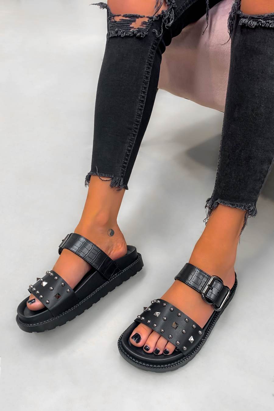 TOLD YOU Chunky Studded Buckle Sandals - Black Croc – AJ VOYAGE