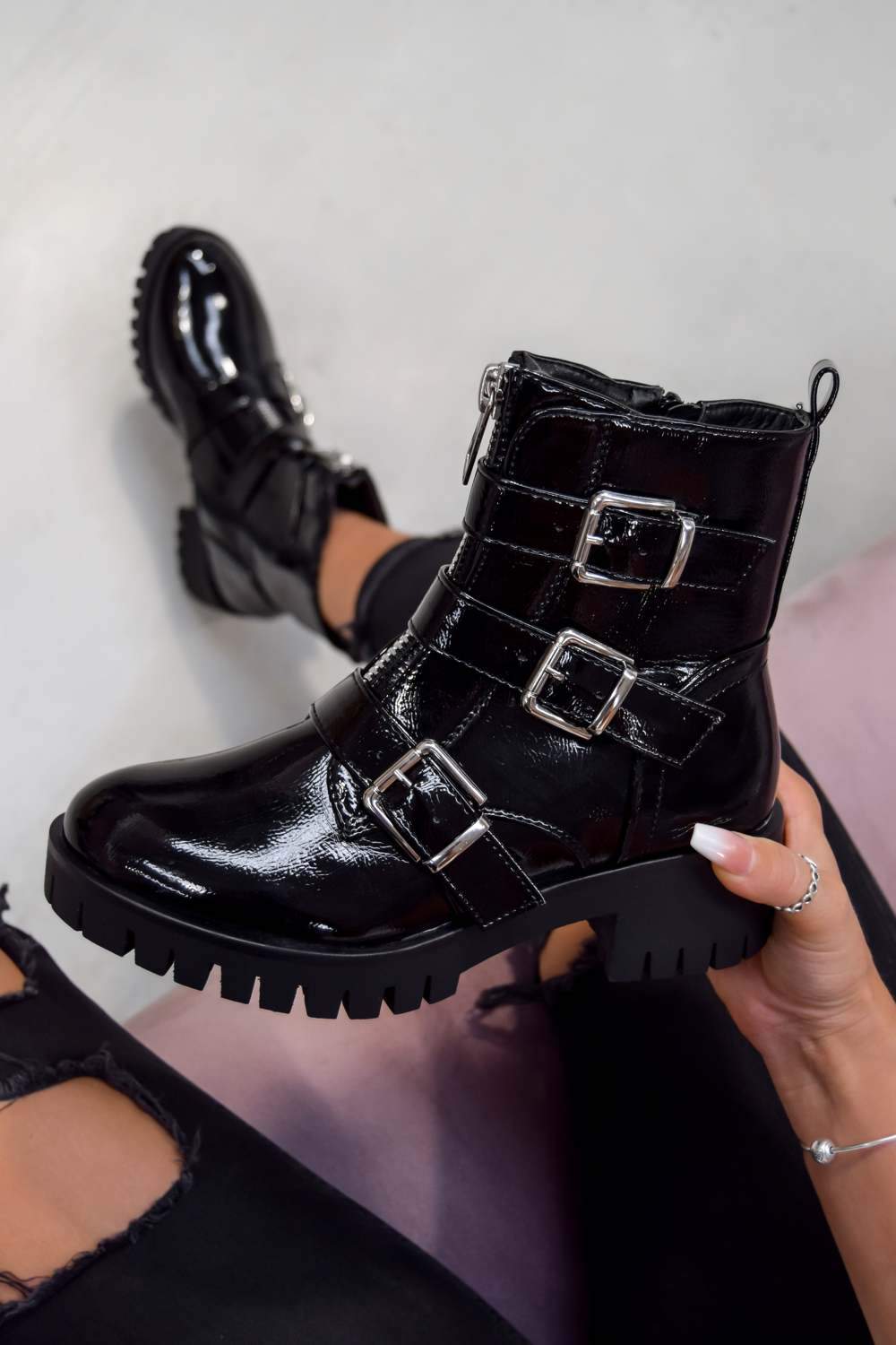 black patent boots with zip up front