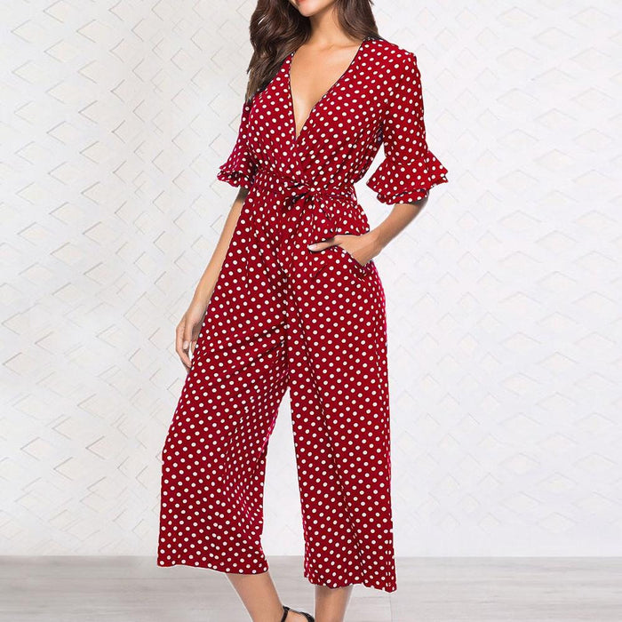 red polka dot jumpsuit