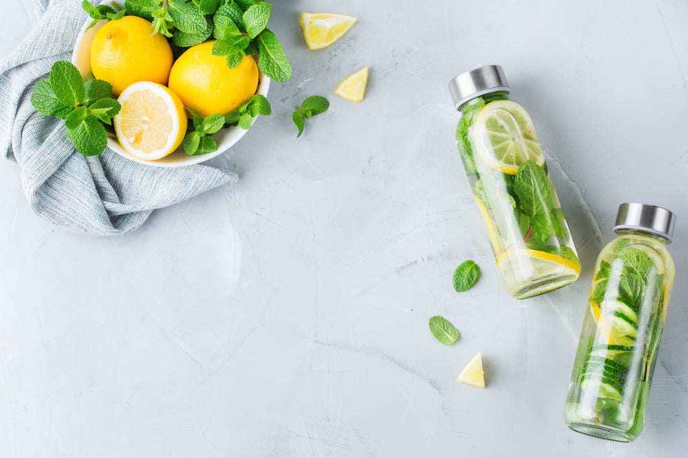 stock image of water and fruit