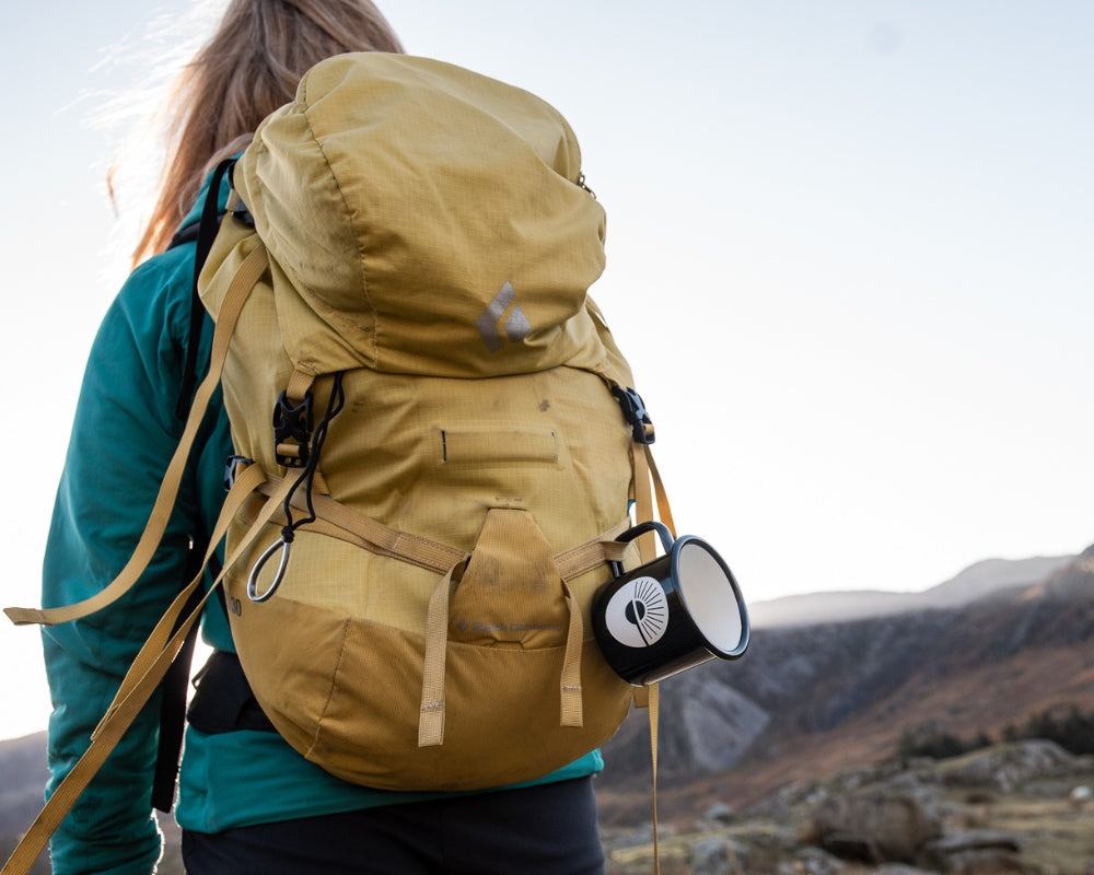 Exhale coffee cup attached to a backpack