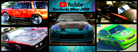 Co2Passions Owner Marlia aka Buckets you tube channel, a photo of her 4 custom vehicles. a custom blue wrapped 350z, a custom airbrushed g35 a custom painted 1987 monte carlo, and a custom airbrushed/ painted lincoln navigator in candy orange, You Tube channel Buckets Miss JDM