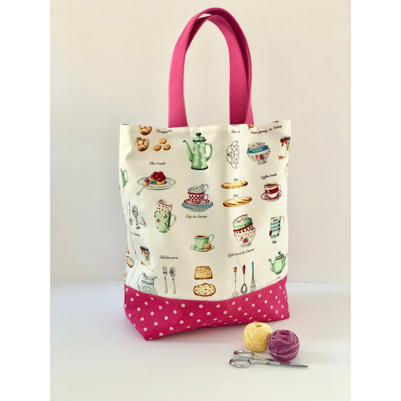 Roomy, European food print tote bag with hot pink shoulder straps and ...
