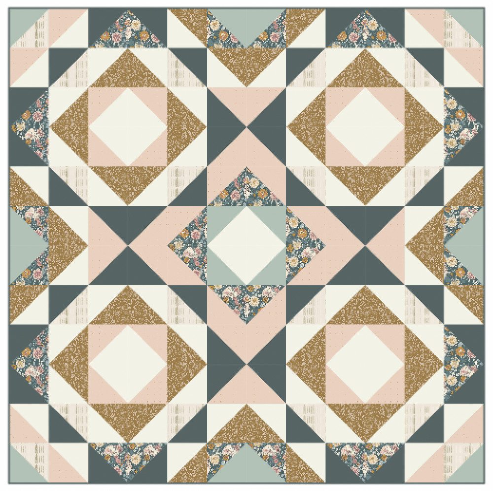 modern quilt with peach, gold and grey floral