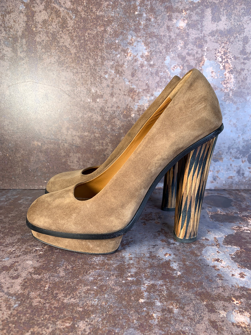 camel colored platform pumps