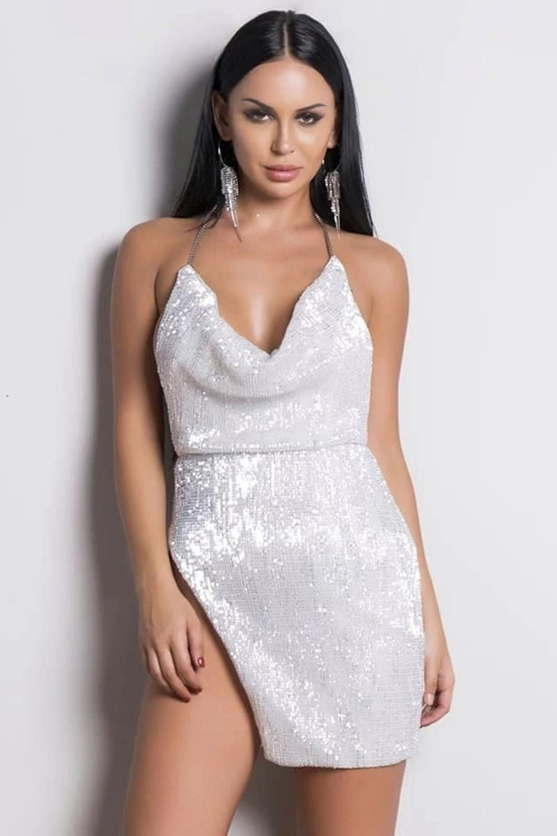 white and silver sequin mini dress