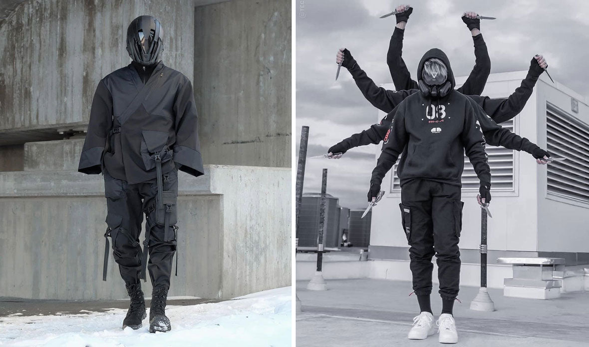 deux hommes portant des vêtements techwear