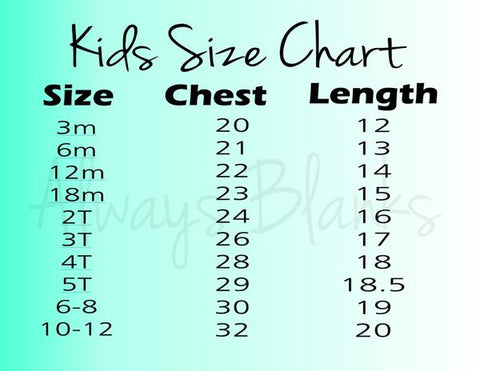 Kid's Sublimation Tee Size Chart