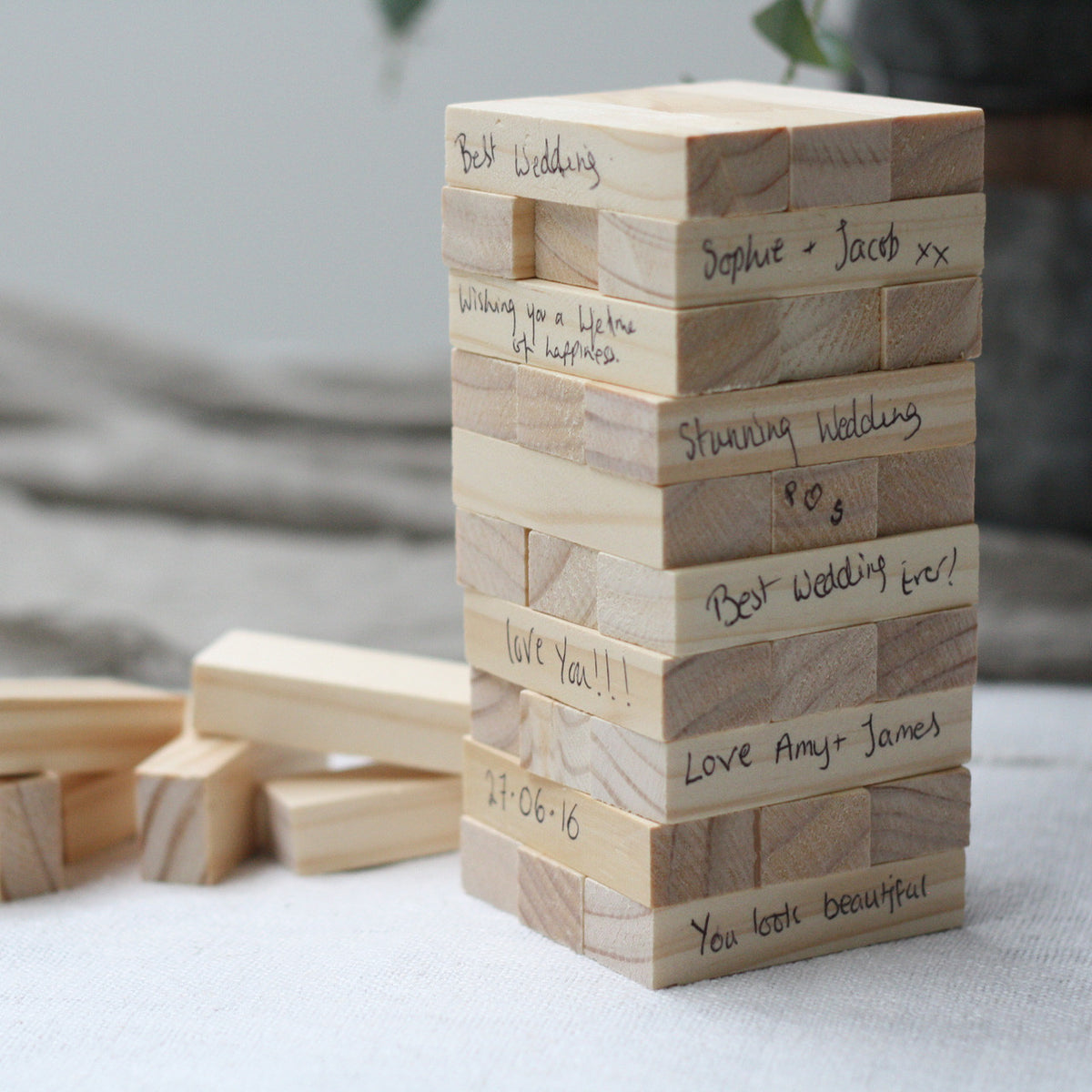 jenga wedding guest book set up