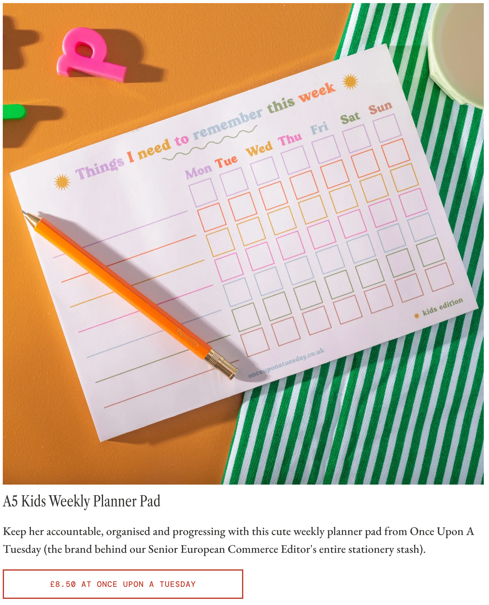 A5 Kids Weekly Planner Pad by Once Upon a Tuesday featured in Glamour Magazine