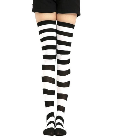 Introducing our new Not A Phase Stockings! These gorgeous thigh-high stockings are made from a cotton-polyester blend and feature a striped pattern. They're perfect for adding a touch of stylishness to any outfit, and they'll make your legs look amazing! Whether you're wearing them with a skirt or shorts, these stockings will help you create a look that's both fashionable and fun. So don't wait any longer, order your pair of Not A Phase Stockings today!