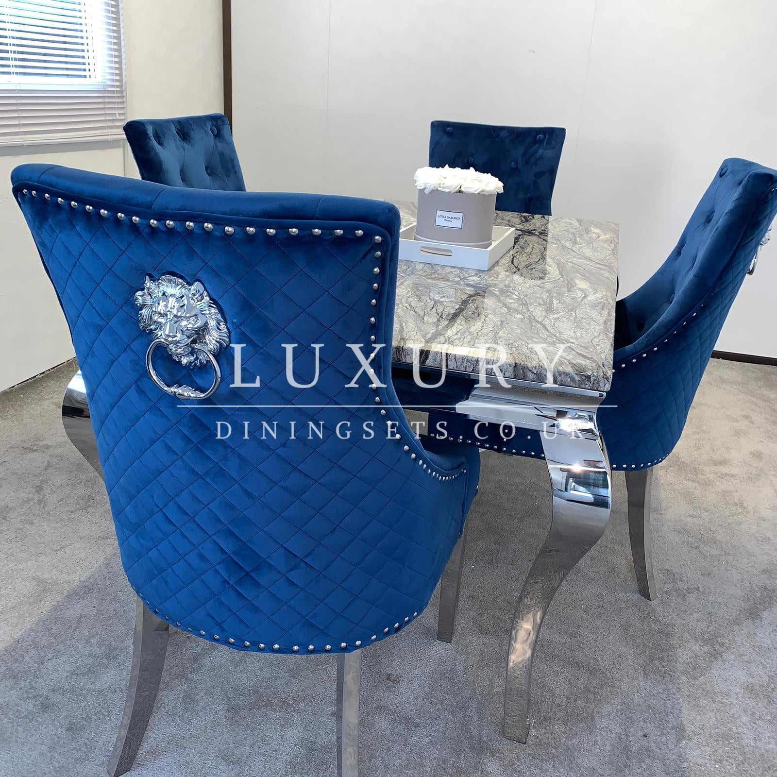 Bright Blue Velvet Quilted Back Lion Head Knocker Dining Chairs Luxury Dining Sets