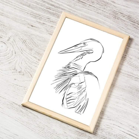 print containing line drawing of a heron