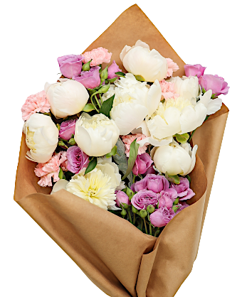 A white and pink wrapped floral bouquet called Perfect Pearl by H.Bloom, inspired by June's birthstone.