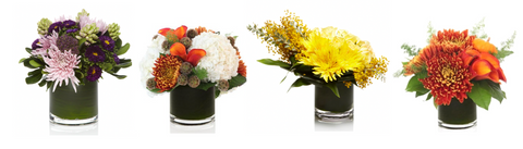 H.Bloom flower designs featuring chrysanthemums, called Purple Garden Mix, Hazelnut, Coppertone, and Pumpkin Spice.