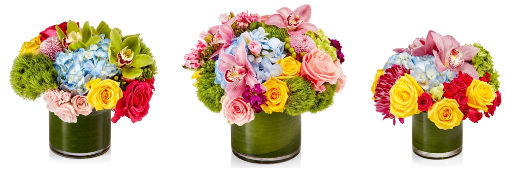 Brightly colored floral arrangements of various sizes, called the Designer's Choice arrangements by H.Bloom.