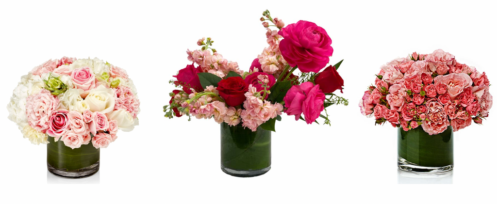 Pink ruffle floral arrangements by H.Bloom, called Pink Ruffles, Crazy Love, and Watermelon.