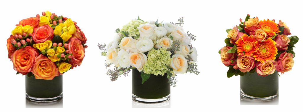 Gradient color floral arrangements by H.Bloom, called Monarch, Whimsy, and Glowing Gerberra.