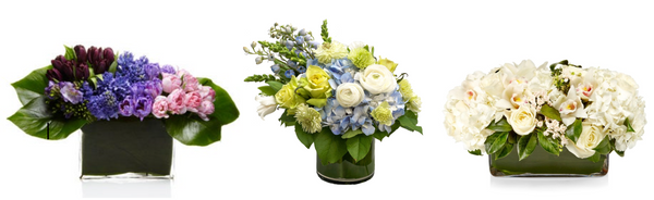 H.Bloom Floral Arrangements with gorgeous presentation, called Platinum, Alluring Aquamarine, and V.I.P.