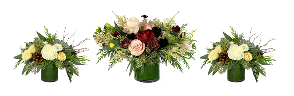 A soft and airy wintertime holiday floral arrangement trio perfect for holiday parties, called the Frosted Event Trio by H.Bloom.