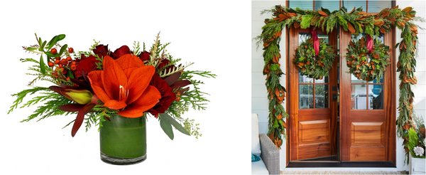 A festive floral arrangement perfect for Christmas-themed gatherings, plus a magnolia leaf garland, from H.Bloom.