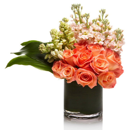 A coral rose luxury floral design, called Coral Crush by H.Bloom.