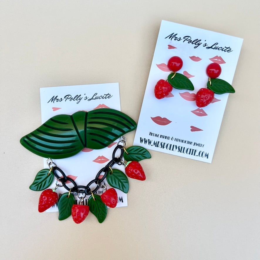 Strawberries Double Leaf pin brooch and earrings