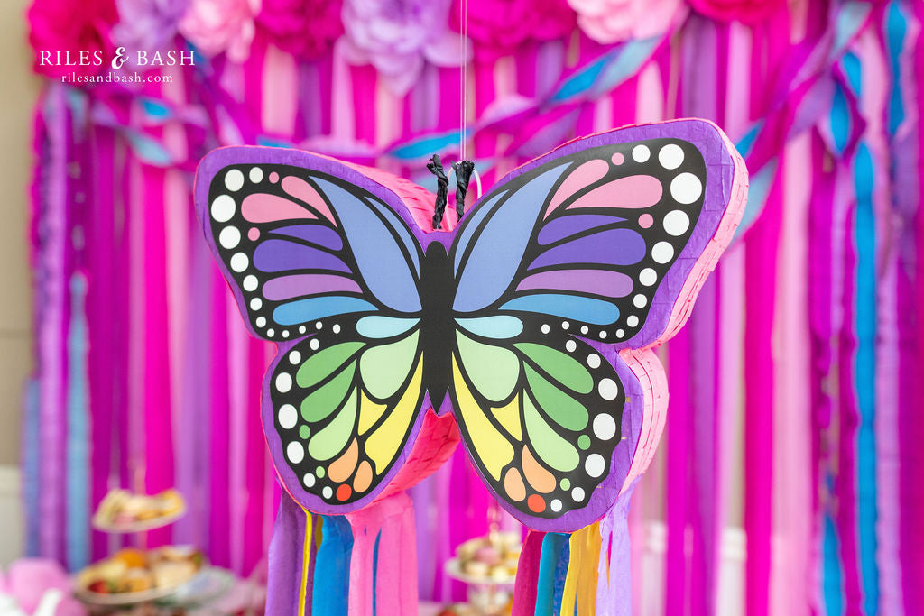 Riles & Bash Rainbow Butterfly Pinata with Colorful Streamers