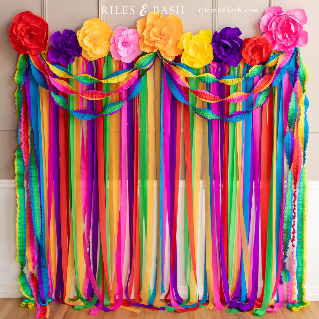 Riles & Bash Fiesta Mexican Streamer Backdrop with Crepe Paper Fiesta Flowers