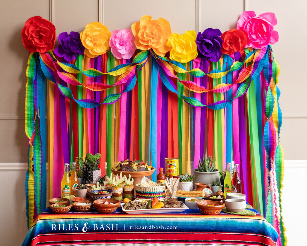 Riles & Bash Fiesta Mexican Streamer Backdrop with Crepe Paper Fiesta Flowers