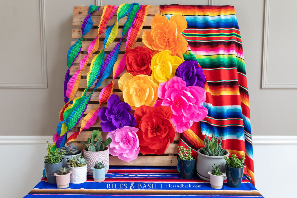 Riles & Bash Fiesta Mexican Streamer Backdrop with Crepe Paper Fiesta Flowers