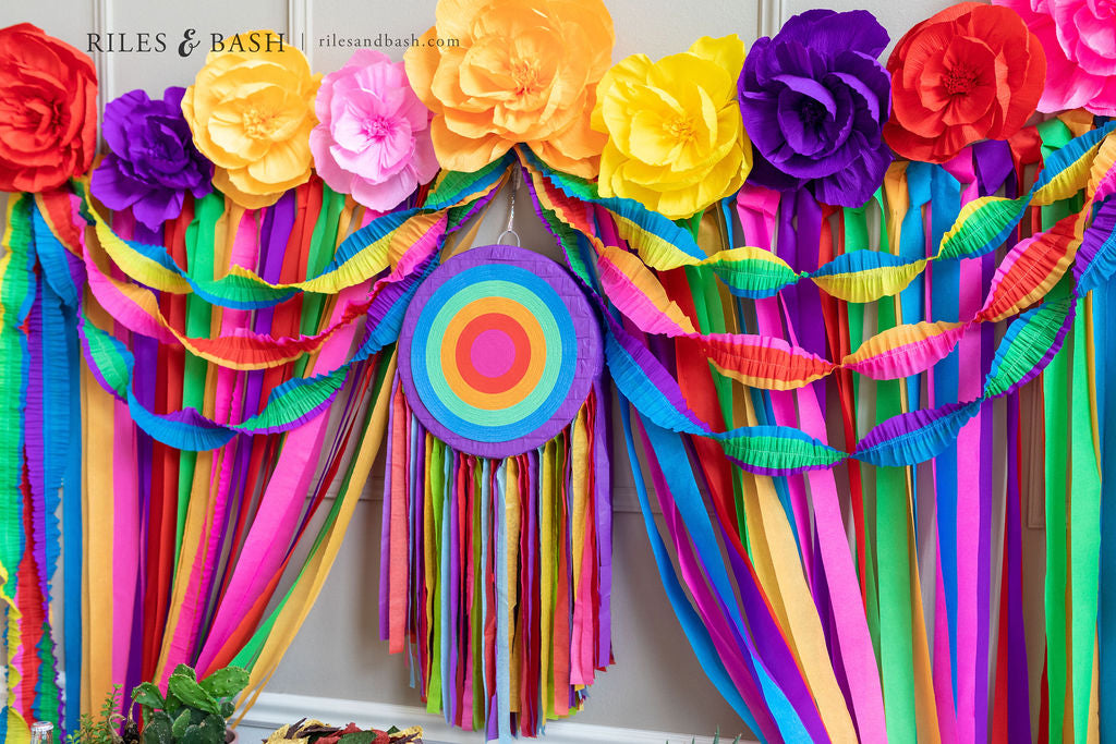 Mexican Fiesta Streamer Backdrop with Crepe Paper Fiesta Flowers and  Ruffled Party Streamers