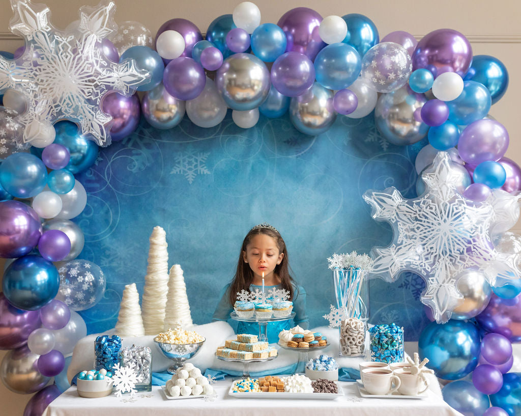 Riles & Bash Frozen Snowflake Balloons with Winter Wonderland Backdrop