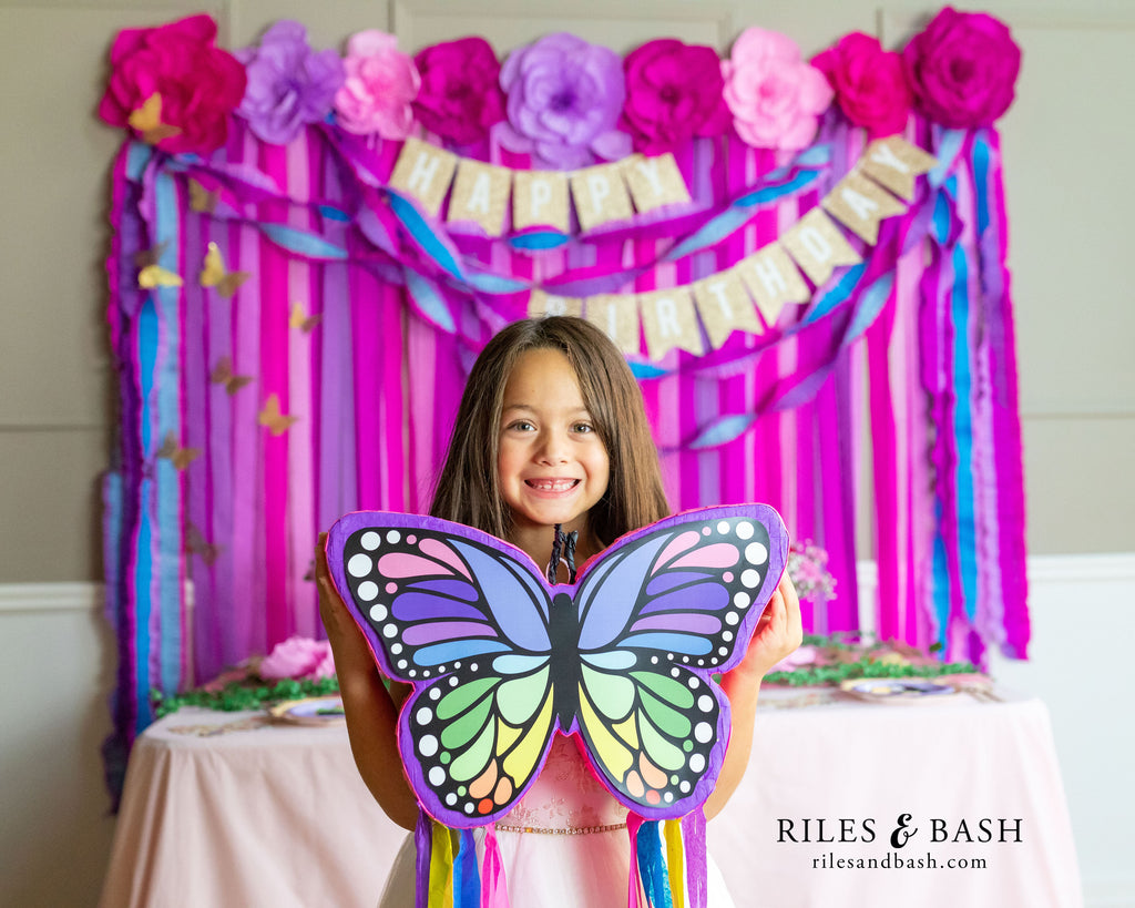 Riles & Bash Rainbow Butterfly Pinata with Colorful Streamers