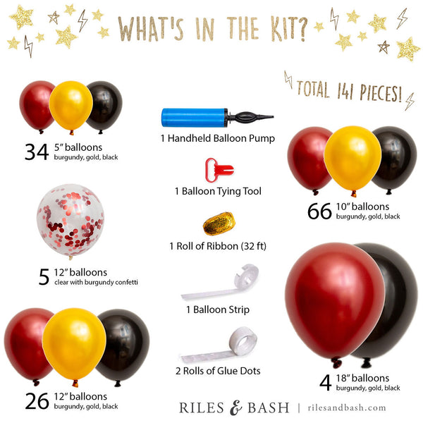 Riles & Bash online party shop_Harry Potter balloon garland_burgundy black and gold balloons_balloon garland