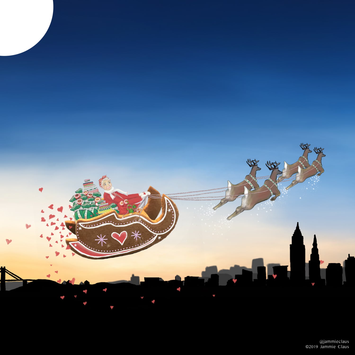 Jammie Claus and her Gingerbread Sleigh Flying in the Sky