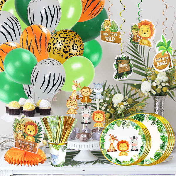 Safari Baby Shower Decorations for Boy or Girl | Jungle Baby Shower Decorations Neutral | Birthday Party Supplies | Tableware - Plates, Cups, Napkins, Tablecloth, Straws, Cutlery Serves 24