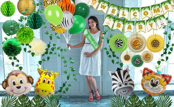 Safari Baby Shower Decorations for Boy Jungle Theme Baby Shower Decor - Banner, Animal Cutouts, Balloons, Paper Decorations, Guest Book, Leaves, Games, Sash - Jungle Baby Shower Decorations