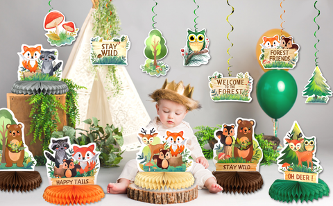 Woodland Animals Honeycomb Centerpieces 3D Table Topper Animals Hanging Swirl Decorations Forest Friend Birthday Party Foil Ceiling Decor for Boy Girl Kids, Woodland Baby Shower