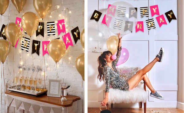 Happy Birthday Banner Party Decorations | Bunting Garland | Hot Pink Gold Black White | Chic Kate Spade Inspired