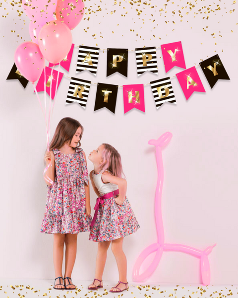 Happy Birthday Banner Party Decorations | Bunting Garland | Hot Pink Gold Black White | Chic Kate Spade Inspired